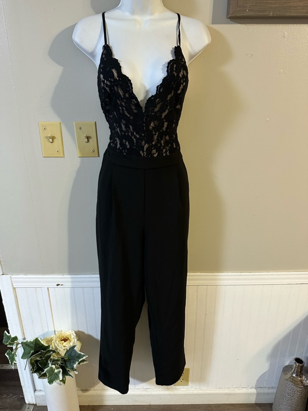 Express Black Lace Bodice Jumpsuit with Slim Straps